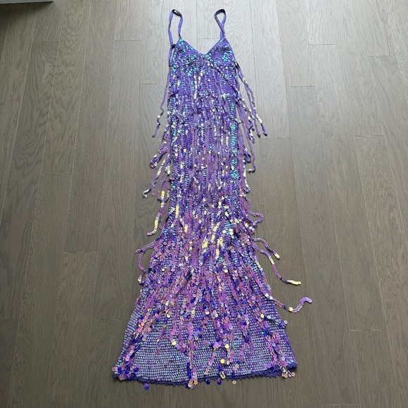 Retrofete Mevia Sequin Fringe Crochet Maxi Dress XS / SMALL - PURPLE- EUC - Picture 2 of 11